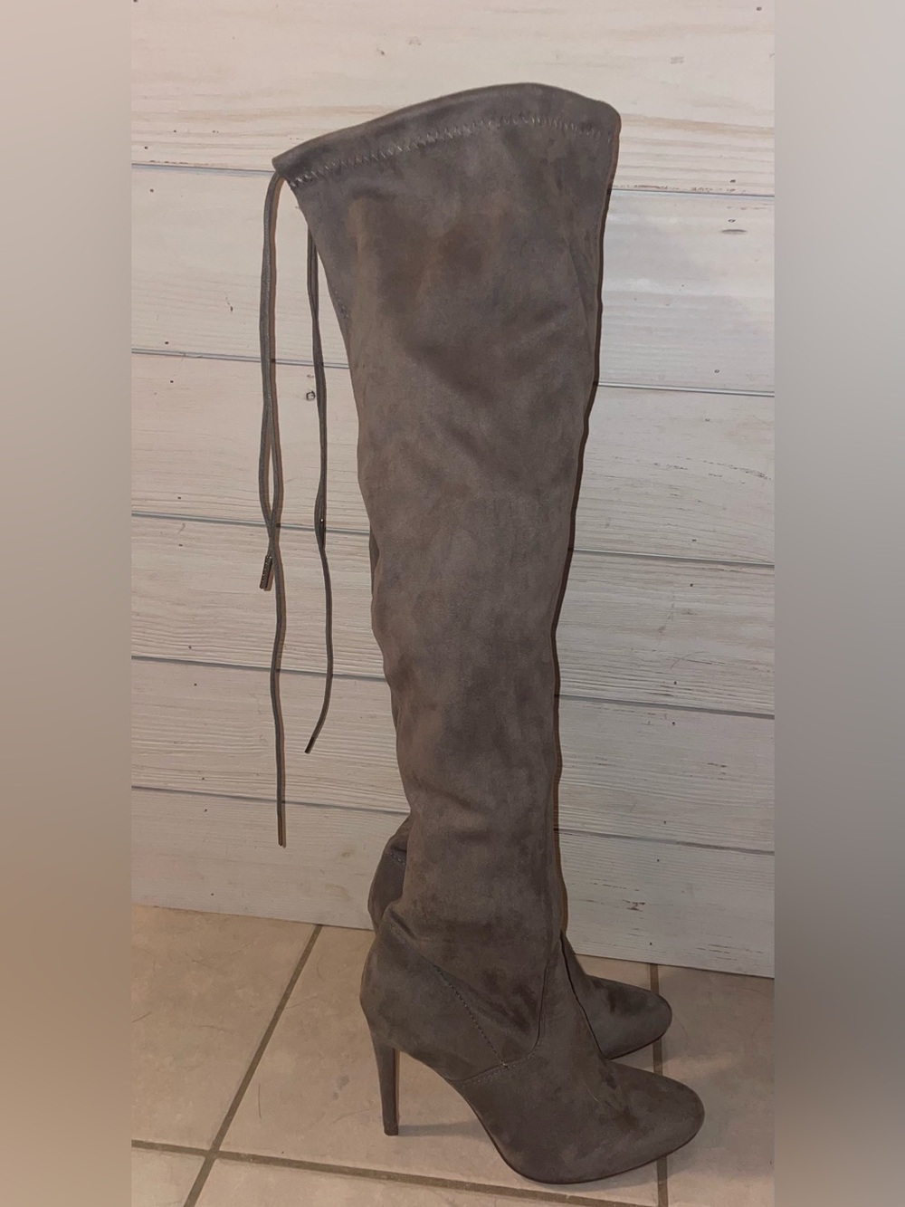 JustFab Women's Raegan Stiletto Thigh High Suede Boots, Taupe/Gray size 9.5